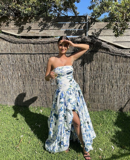 Strapless Print Floral Long Prom Dress Evening Gown  SH964