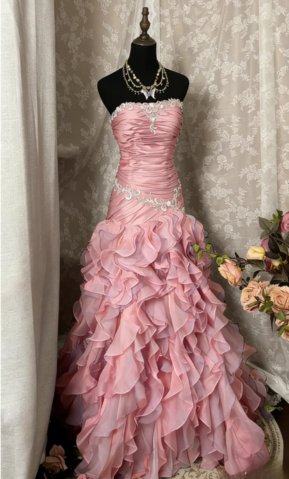 Vintage Grape A Line Strapless Appliques Ruffle Organza Long Prom Dress SH5425