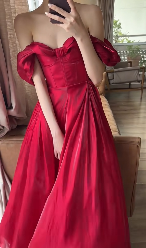 Stunning Burgundy A Line Off the Shoulder Satin Long Prom Dress Party Dress Outfits SH4964