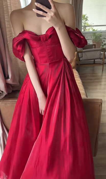Stunning Burgundy A Line Off the Shoulder Satin Long Prom Dress Party Dress Outfits SH4964