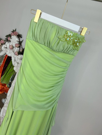 Vintage Green A Line Strapless Beaded Tulle Long Prom Dress Party Dress SH4941