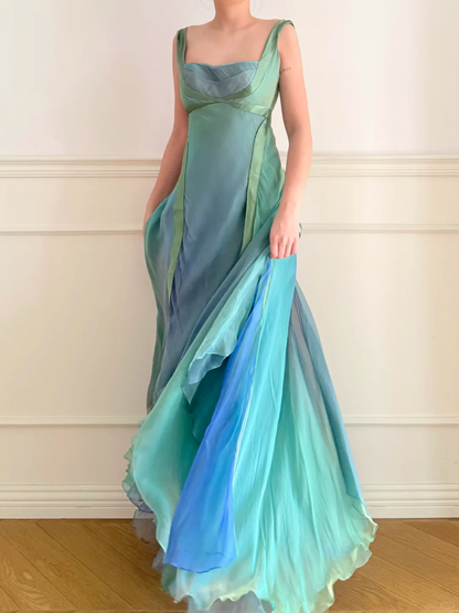 Vintage Dreamy A Line Blue Green Ombre Chiffon Prom Dress Wedding Guest Dress SH5438
