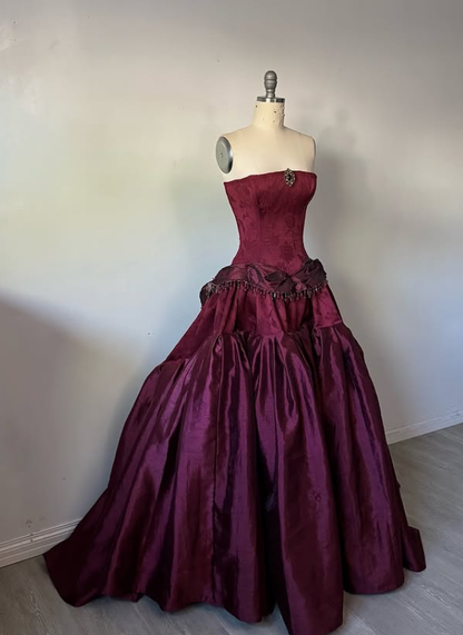 Vintage Burgundy Strapless Beaded Satin Long Prom Dress Party Dress SH5532