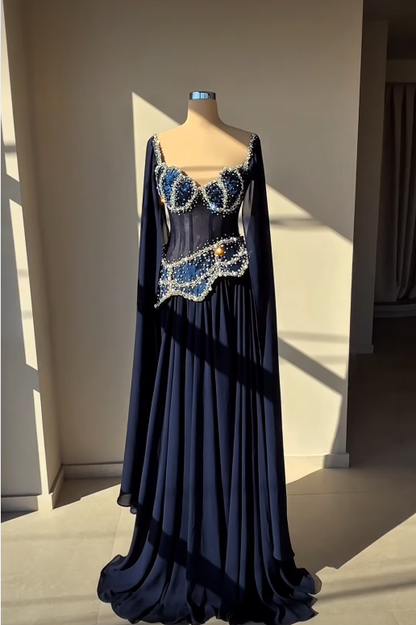 Stunning Navy Blue A Line Exquisite Pearl Beaded Chiffon Tulle Graduation Prom Dress SH5331