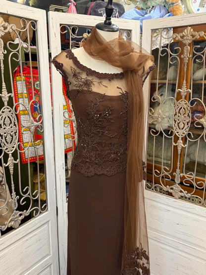 Vintage Brown A Line Round Neck Beaded Lace Chiffon Prom Dress Wedding Guest Dress SH5495