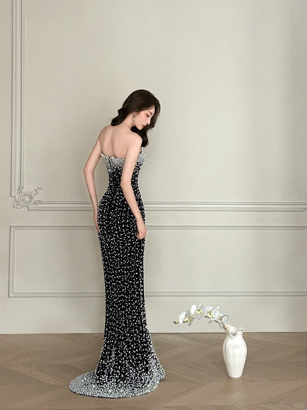Unique Pearl Mermaid Sweetheart Neck Black Satin Long Date Dress Evening Dress Prom Dress SH3445