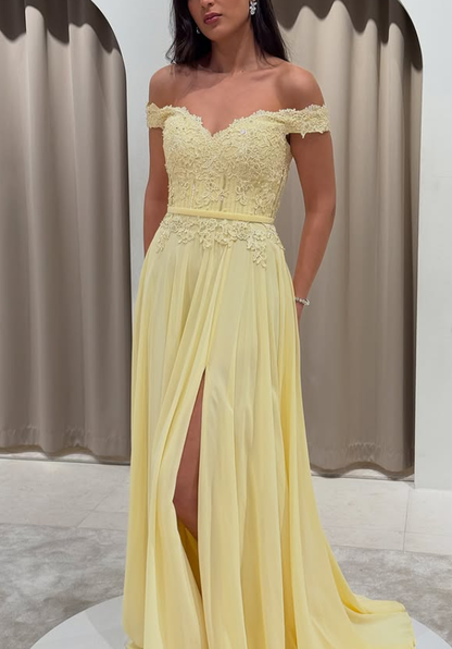 Summer Light Yellow A Line Lace Chiffon Long Prom Dress Party Evening Dress SH5706