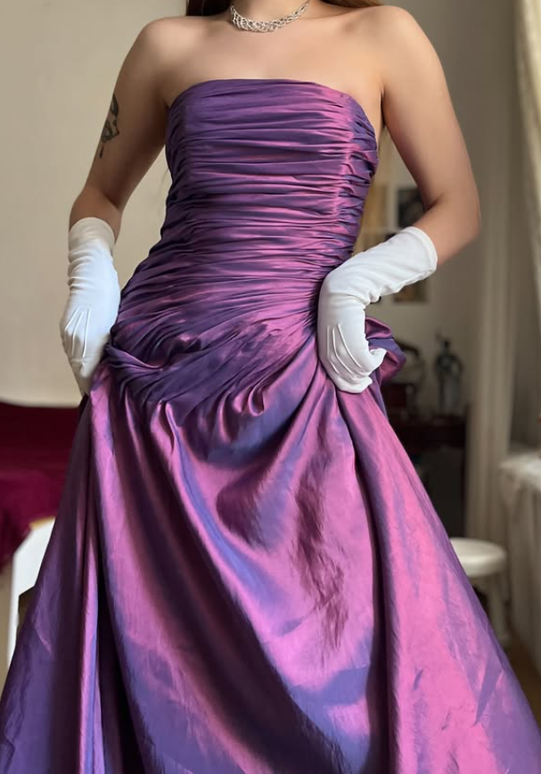 Vintage A Line Strapless Pleated Purple Satin Prom Dress Evening Dress SH6071