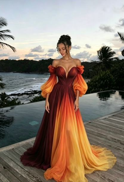 Unique A Line Long Sleeve Orange Ombre Chiffon Prom Dress Evening Dress SH2363