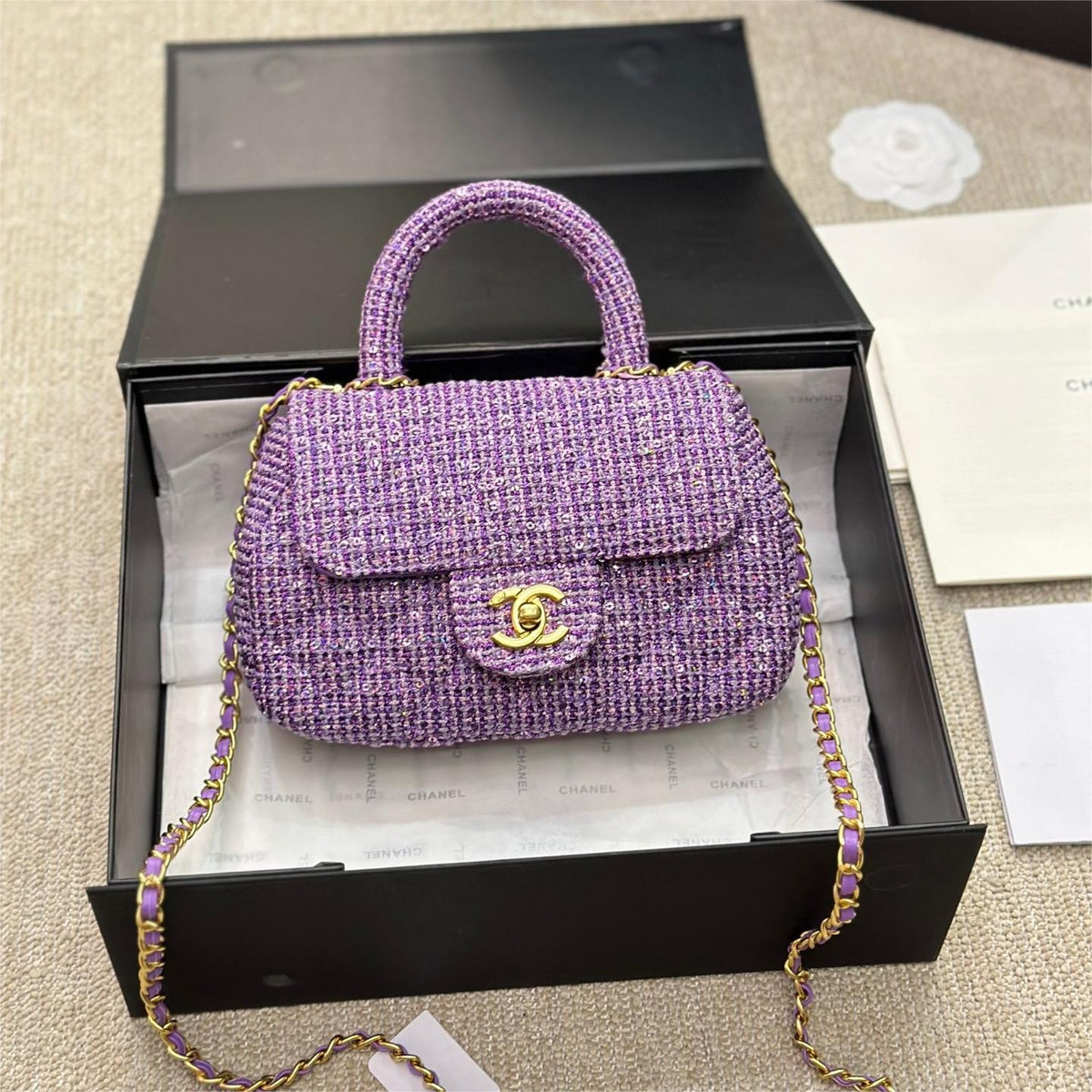 Chanel Mini Sequin Flap Bag With Top Handle Purple