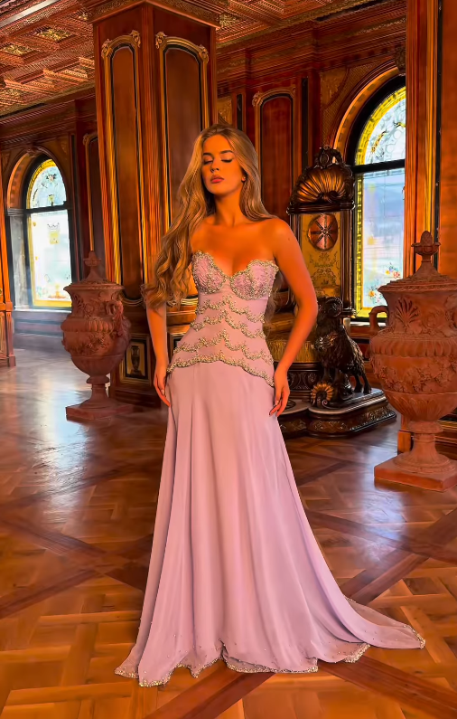 Stunning Lilac A Line Strapless Layered Beaded Chiffon Long Prom Dress SH5340