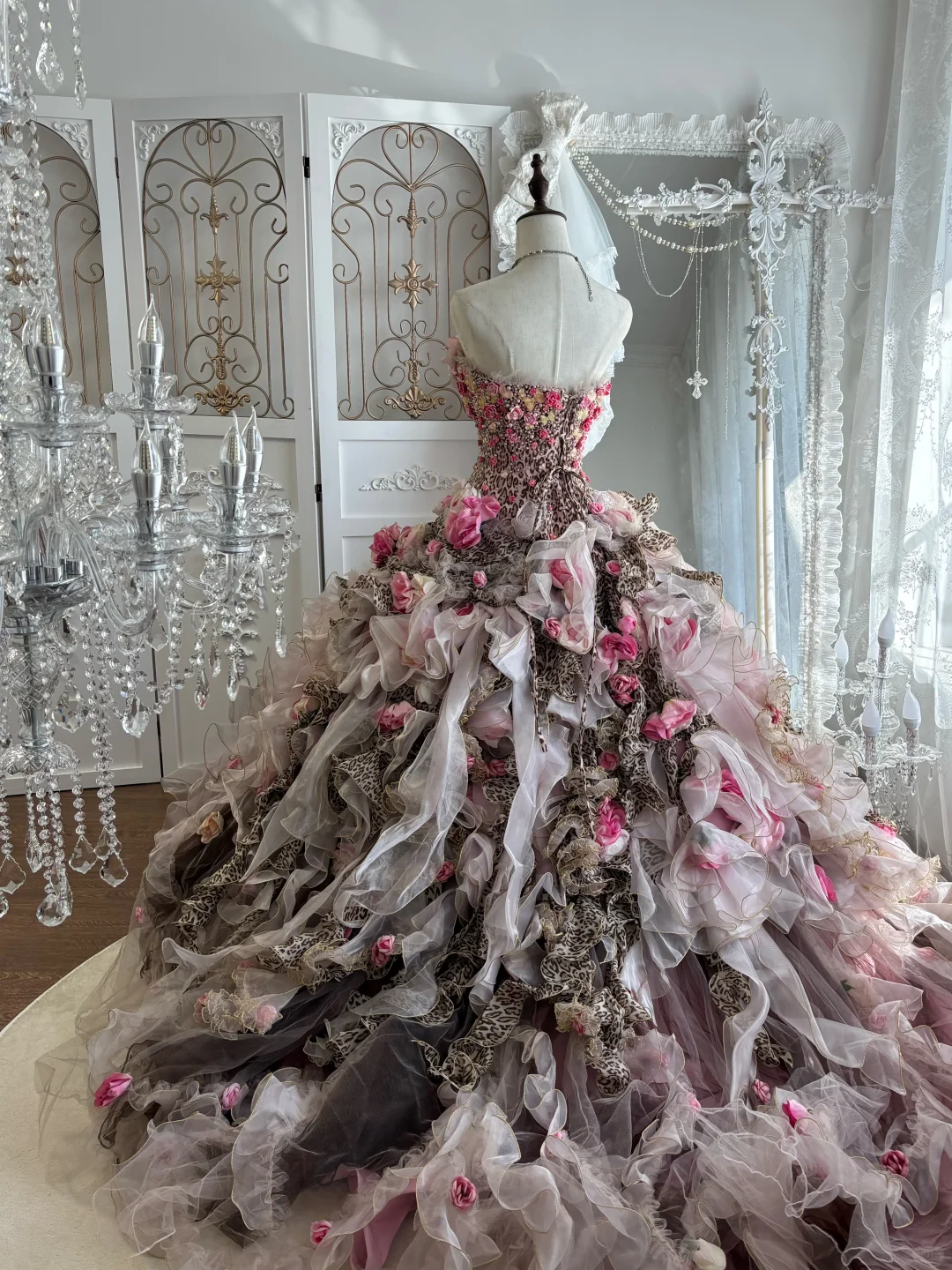 Vintage Leopard Print Ball Gown Strapless 3D Floral Layered Tulle Prom Dress Sweet 16 Dress SH5785