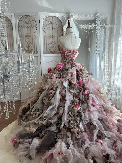 Vintage Leopard Print Ball Gown Strapless 3D Floral Layered Tulle Prom Dress Sweet 16 Dress SH5785
