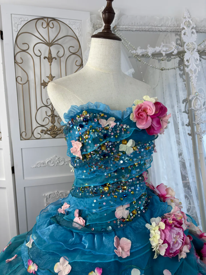 Vintage Blue Ball Gown Strapless 3D Floral Layered Tulle Prom Dress Sweet 16 Dress SH5783