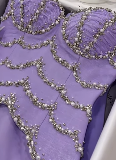 Stunning Lilac A Line Strapless Layered Beaded Chiffon Long Prom Dress SH5340