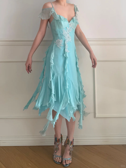 Sweety Blue A Line Straps Lace Appliques Chiffon Tea Length Prom Dress Outfits SH5444