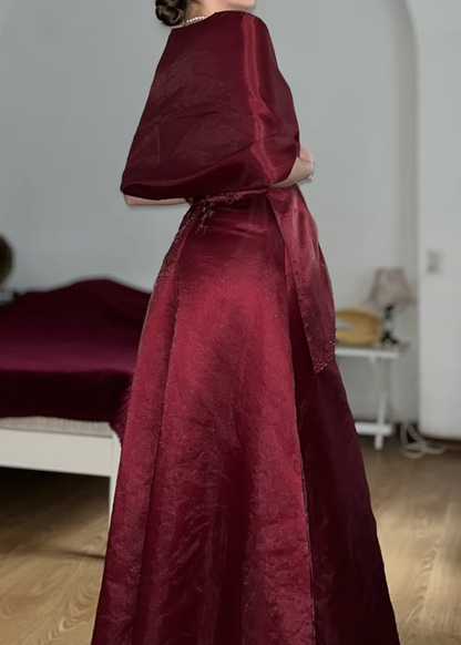 Vintage A Line Strapless Exquisite Beaded Burgundy Satin Prom Dress Evening Dress SH6073