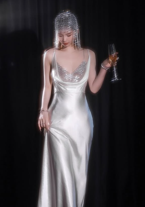 Stunning A Line Straps Beaded White Satin Open Back Wedding Dress SH5265