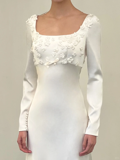 Vintage A Line Long Sleeve Floral White Satin Wedding Dress SH5233