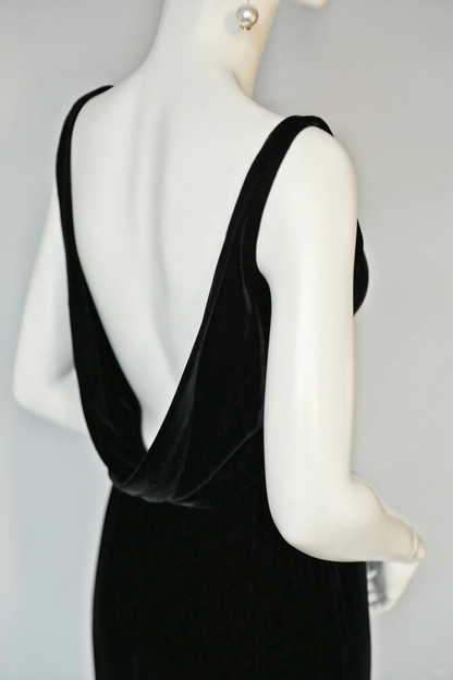 Vintage Classic Black Mermaid Straps Velvet Open Back Prom Dress Evening Dress SH5130