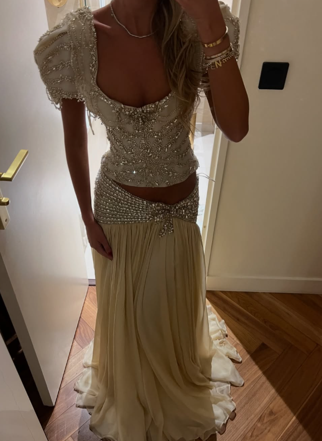 Two Piece Shiny A Line Puff Sleeve Beaded Satin Long Prom Dress Date Dress SH5558