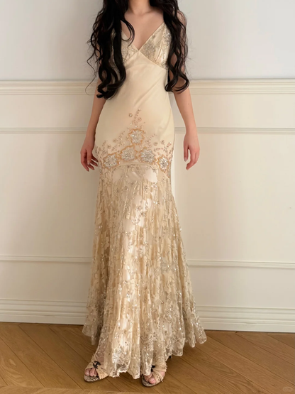 Vintage Apricot Mermaid Straps Beaded Lace Satin Long Prom Dress Wedding Guest Dress SH5505