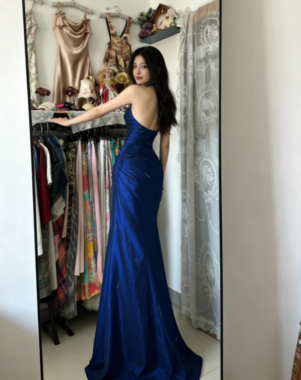 Vintage Halter Mermaid Long Prom Dresses Beaded Royal Blue Satin Birthday Dresses SH5041