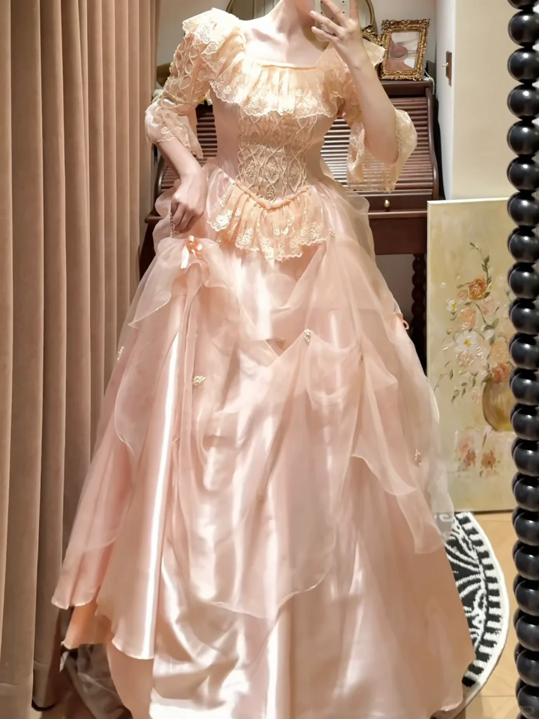 Stunning Light Pink A Line Long Sleeve Lace Organza Prom Dress SH5653