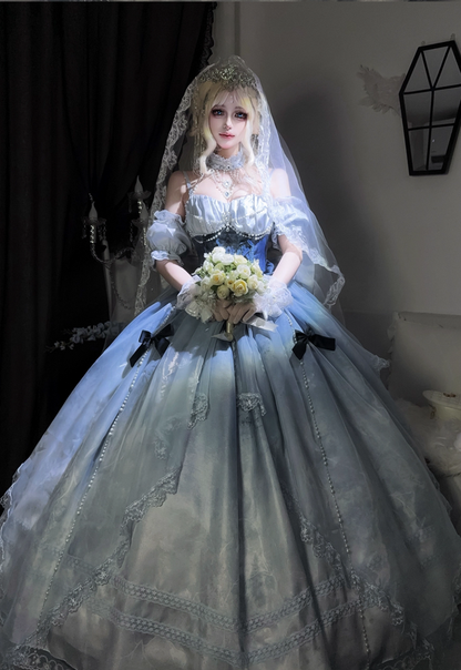 Stunning Blue Bow A Line Lace Tulle Lolita Goth Boning Dress Prom Dress SH4911