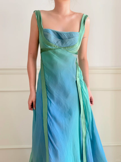 Vintage Dreamy A Line Blue Green Ombre Chiffon Prom Dress Wedding Guest Dress SH5438
