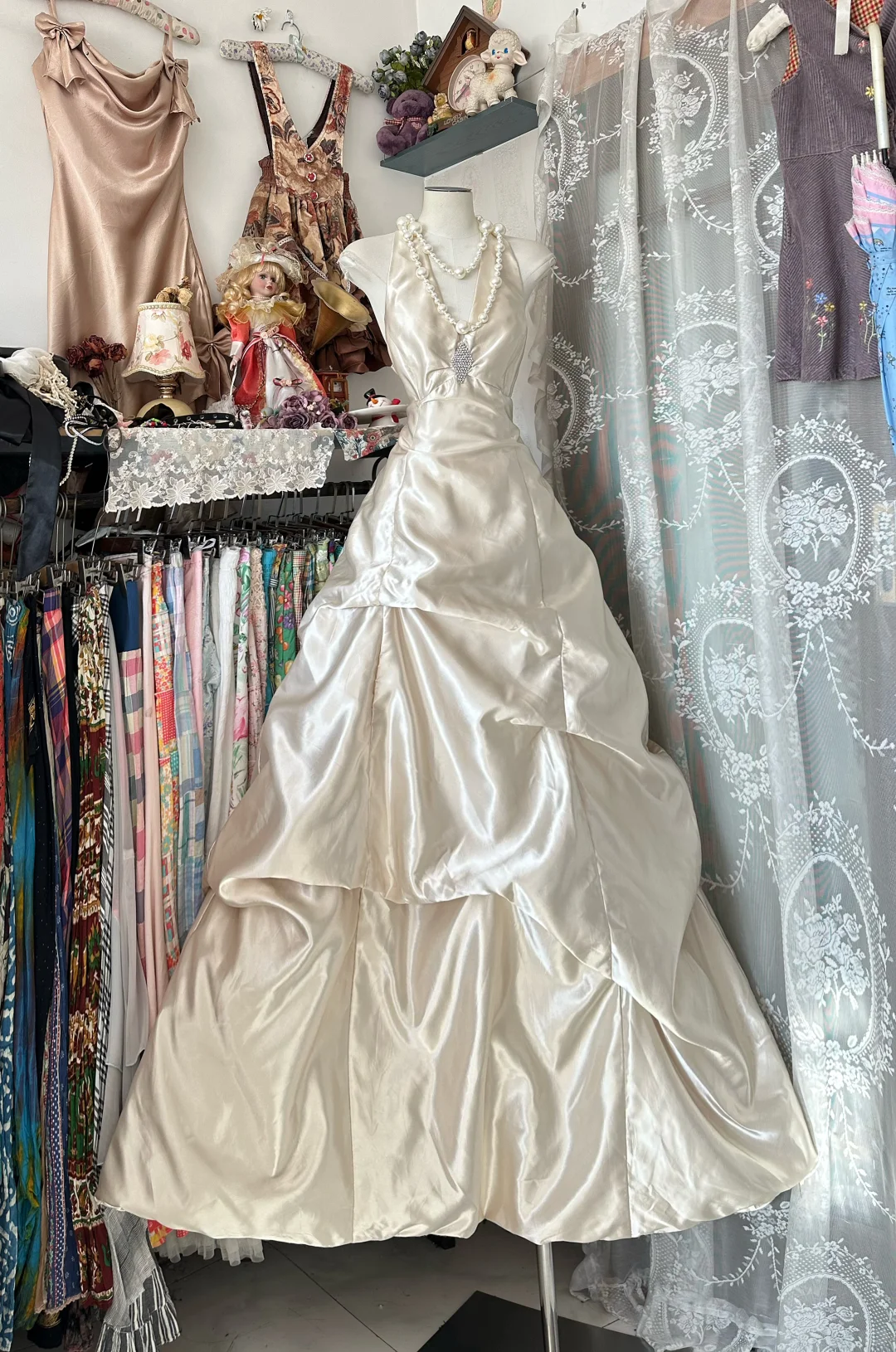 Vintage A Line Halter Beaded Ivory Satin Open Back Long Prom Dress SH5244