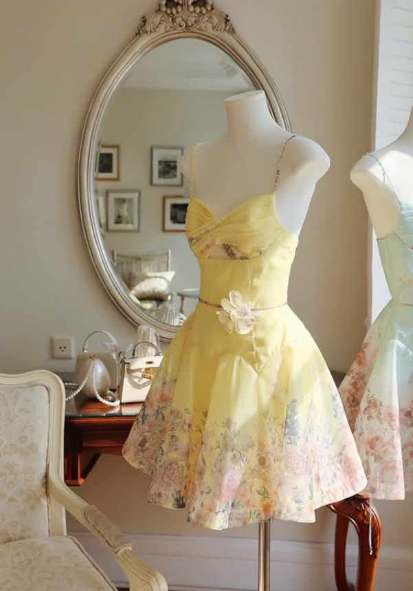 Summer Yellow A Line Straps Print Floral Satin Cocktail Dress Homecoming Dress SH6164
