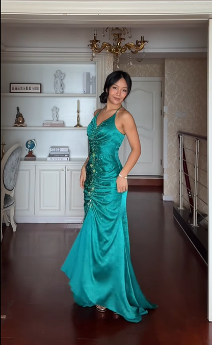 Stunning Vintage Mermaid Halter Beaded Chiffon Satin Prom Dress SH5176