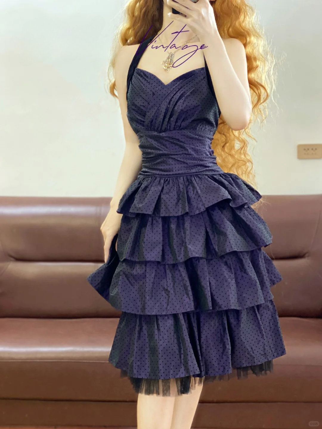 Vintage Dark Purple A Line Halter Polka Dot Layered Satin Homecoming Dress SH4959