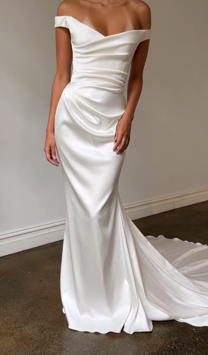 Stunning A Line Off the Shoulder White Satin Long Sweep Wedding Dress SH4857
