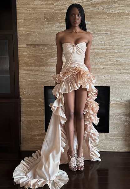 Stunning Apricot A Line Sweetheart Neck Pearl Satin Prom Dress Party Dress SH5324