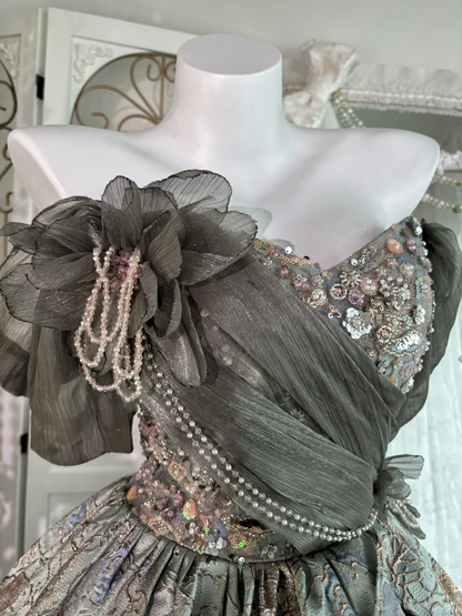 Vintage Grey Print Floral Ball Gown Beaded Satin Tulle Prom Dress Sweet 16 Dress SH5986