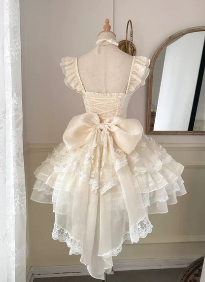 Vintage Beige Sweetheart Bow Lace-up Design A-line Tulle Tiered Party Dress Homecoming Dress D1518