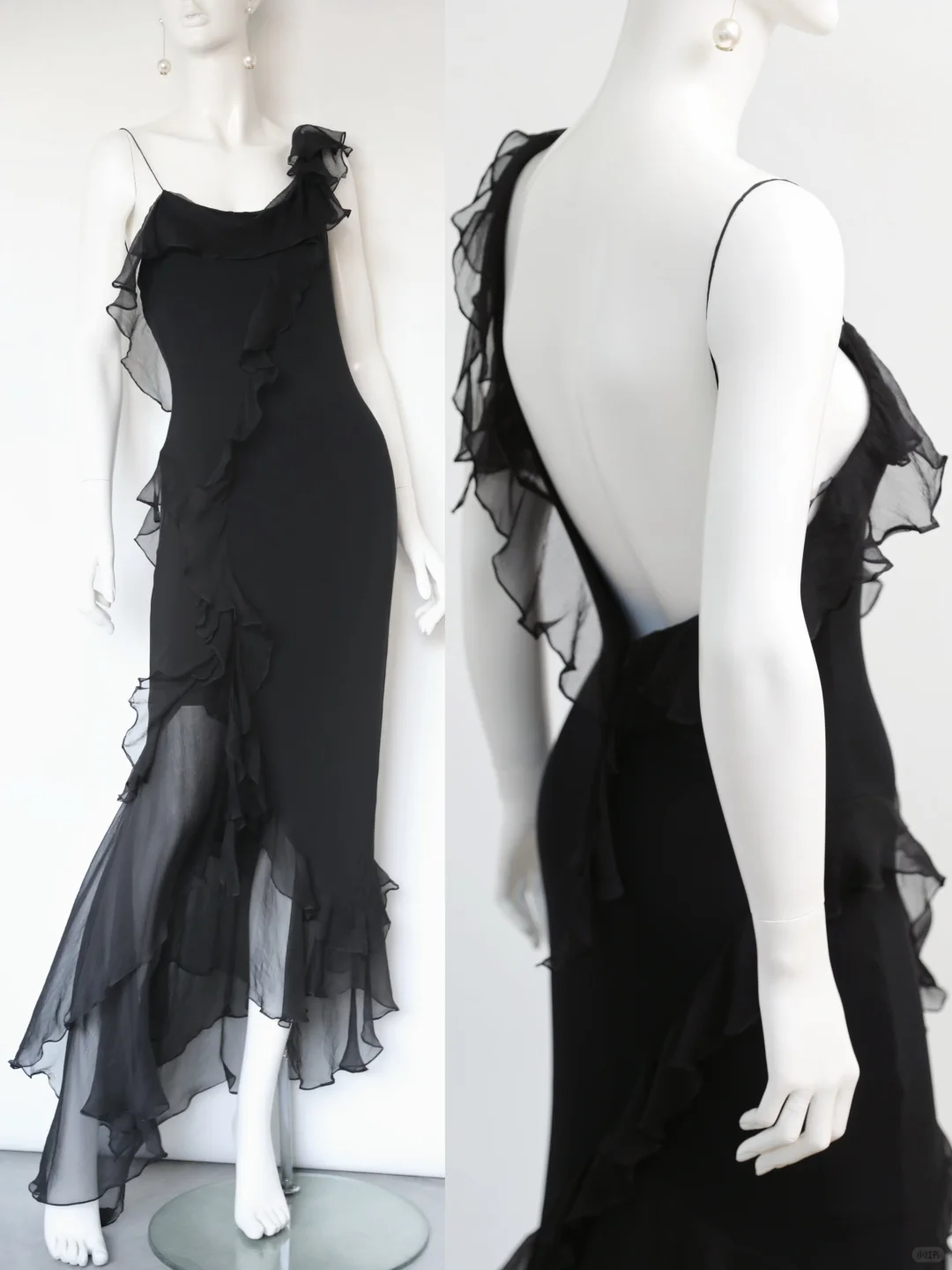 Vintage Flowy Sheath Straps Ruffle Black Chiffon Long Prom Dress Evening Dress SH5135
