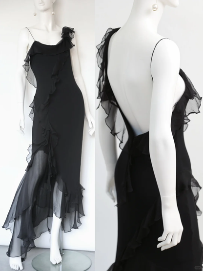 Vintage Flowy Sheath Straps Ruffle Black Chiffon Long Prom Dress Evening Dress SH5135