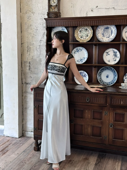 Vintage A Line Classic Lace Satin Long Prom Dress Date Dress SH5559