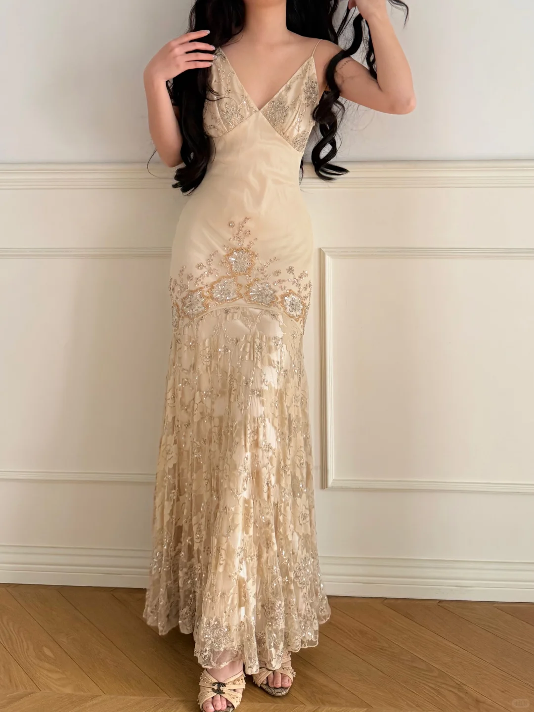 Vintage Apricot Mermaid Straps Beaded Lace Satin Long Prom Dress Wedding Guest Dress SH5505