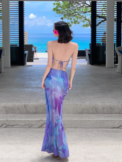 Two Piece Mermaid Halter Purple Print Floral Chiffon Long Prom Dress Outfits SH4332