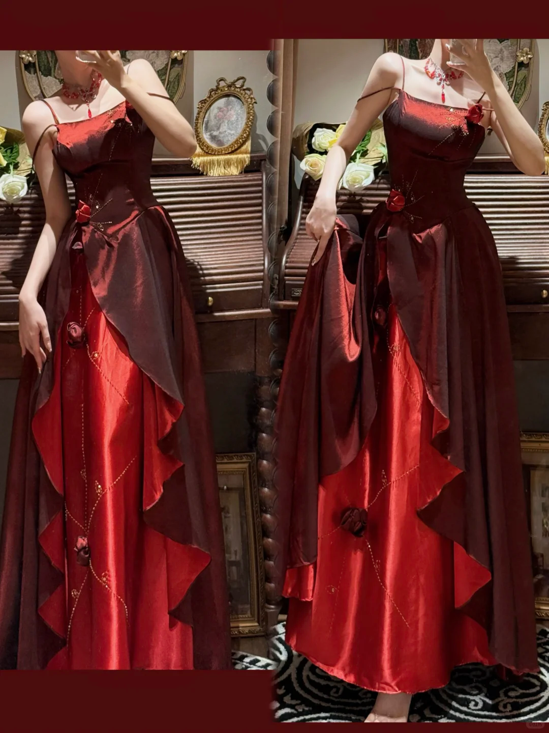 Stunning Burgundy A Line Straps Floral Beaded Ruffle Satin Prom Dress SH5652