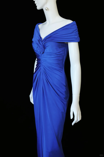 Vintage Blue A Line Off the Shoulder Pleated Satin Prom Dress Evening Dress SH5128