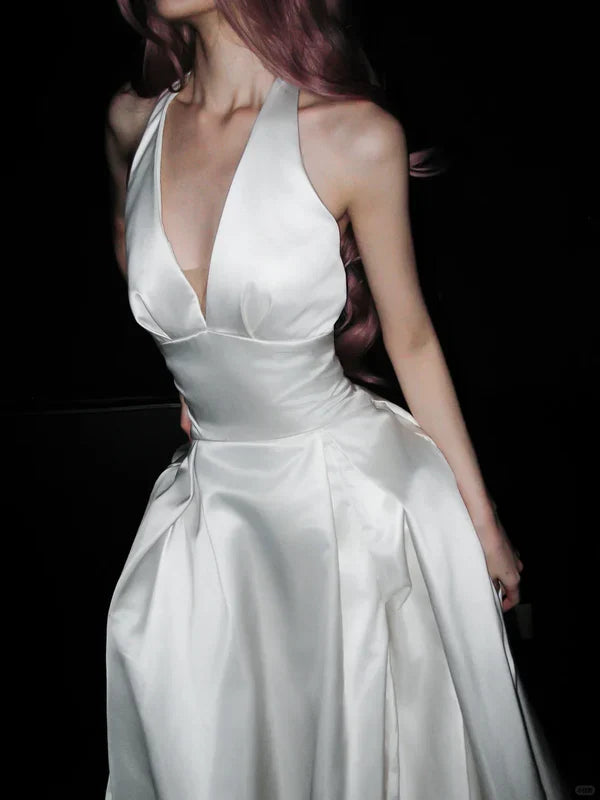 Stunning A Line Halter White Satin Backless Long Wedding Dress SH5980
