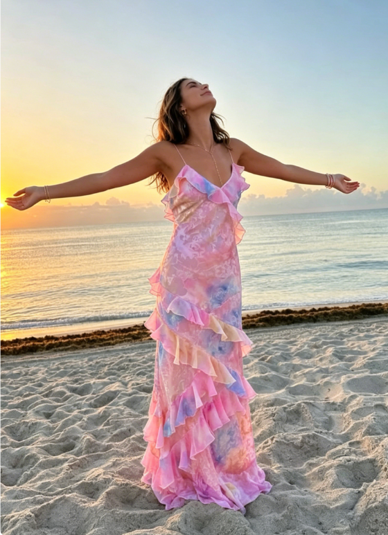 Unique Pink Ruffles Long Prom Dress Evening Dress SH978