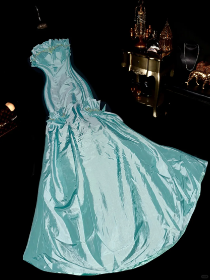 Vintage Elegant Blue Mermaid Beaded Satin Prom Dress Party Evening Dress SH5893