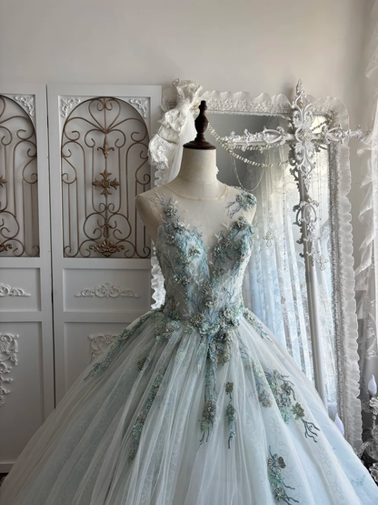 Vintage Light Blue Ball Gown V Neck Exquisite Beaded Tulle Prom Dress Sweet 16 Dress SH5987