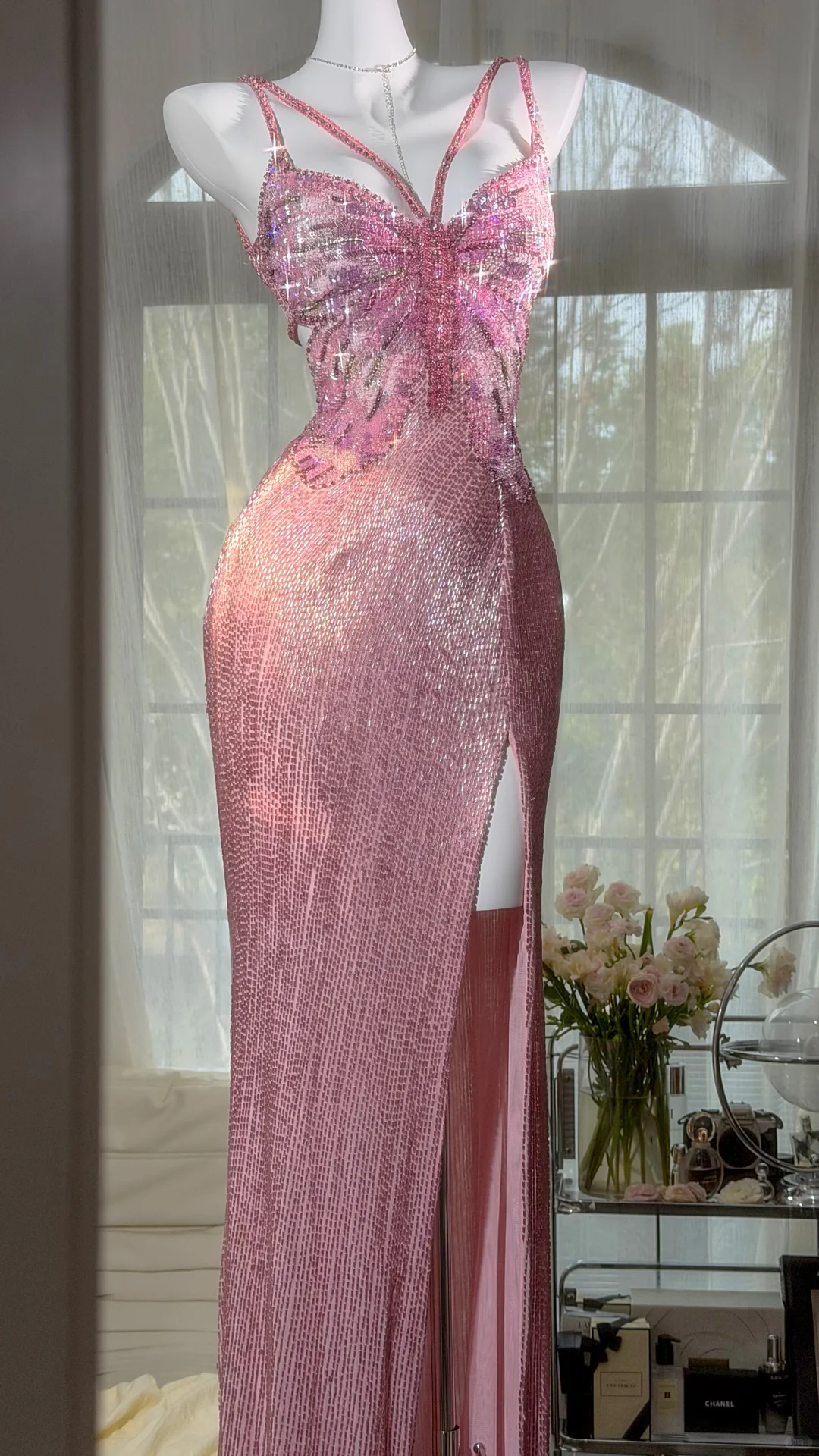 Stunning Pink Butterfly Sheath Beaded Long Prom Dress Graduation Prom Dress with Slit SH5347